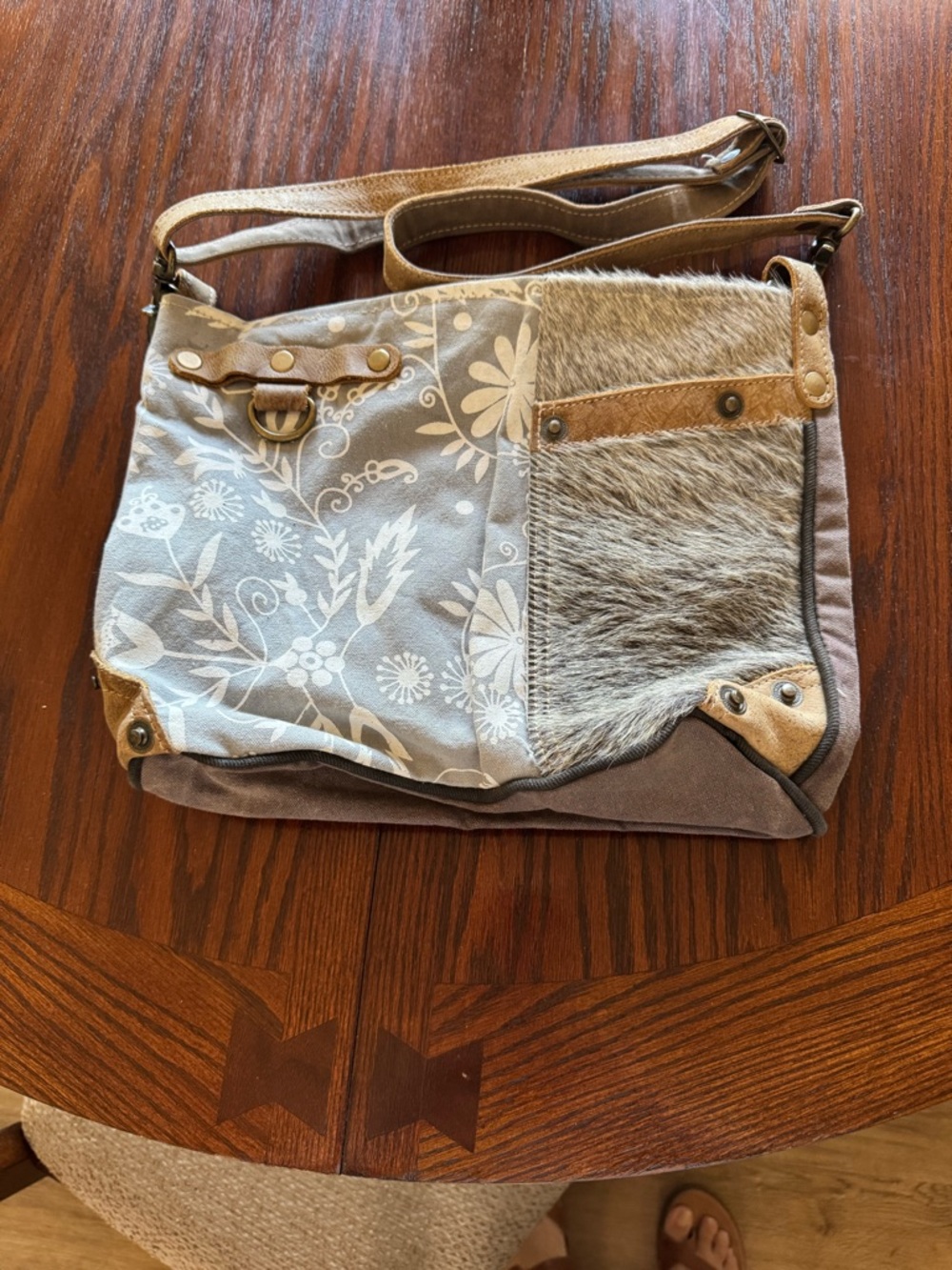 Myra Bag Beige Floral Patchwork Crossbody with Fur Accent